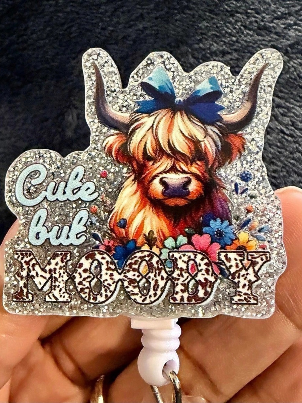 Cute but Moody Highland Cow Glitter Badge Reel Badge Reel in Multicolor